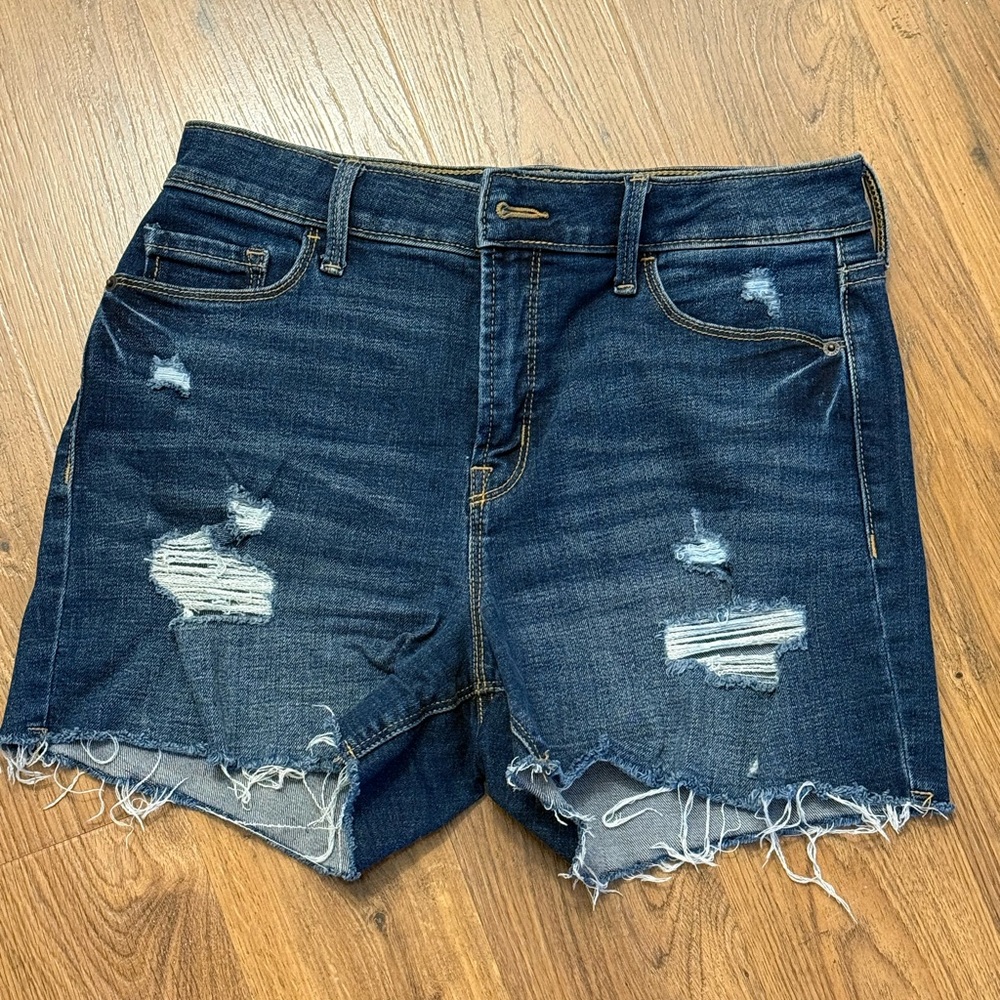 Old Navy Dark Blue Distressed High Rise Secret Slim Pockets STRETCH shorts  🇺🇸